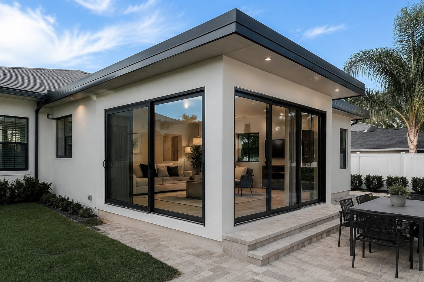 Home addition by Acosta Builders in Bradenton, FL — a new room built off an existing house with corner sliding glass doors, a wrapped eave, and recessed soffit lighting