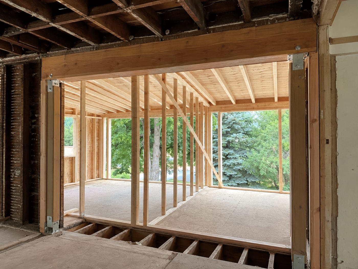 Structural tie-in by Acosta Builders — an engineered beam spanning the opened bearing wall of an existing house, carried on posts with galvanized column caps, with the new addition framing and floor system visible beyond