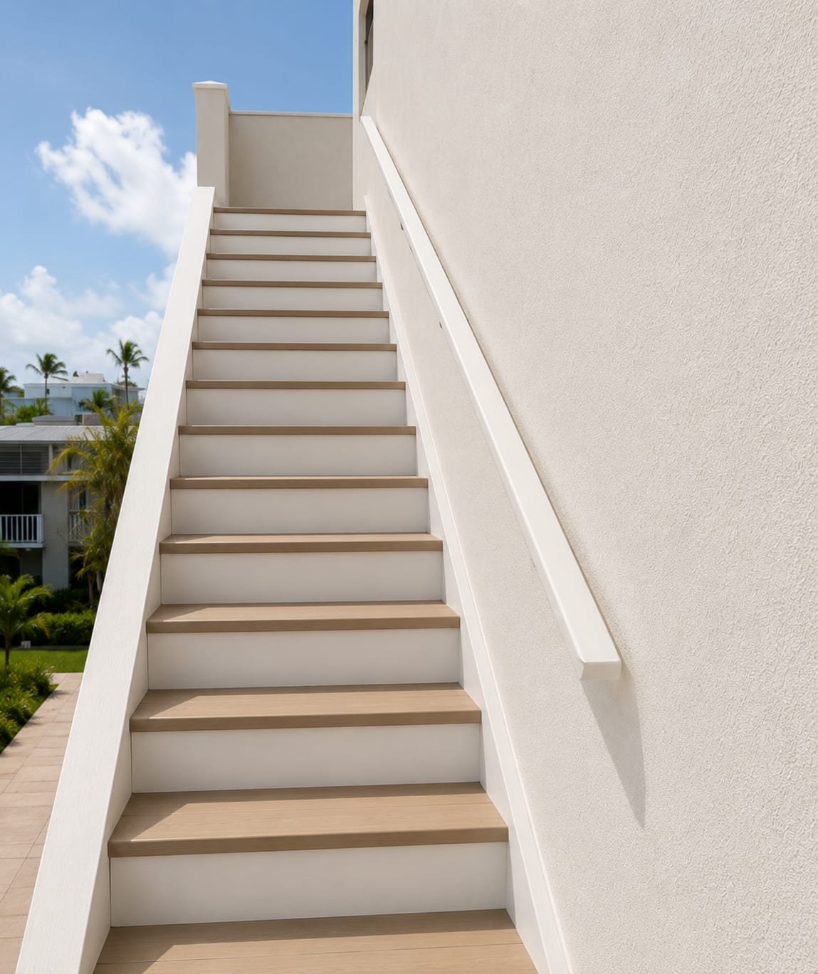 The same stair finished by Acosta Builders — stucco walls, tiled treads and risers, and a wall-mounted handrail running to the upper level