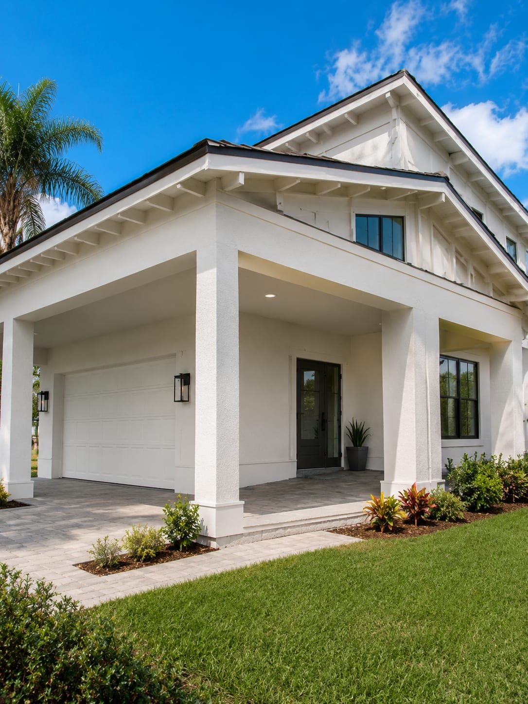 The same home finished — white stucco elevation with columned carport, gable brackets, and paver driveway