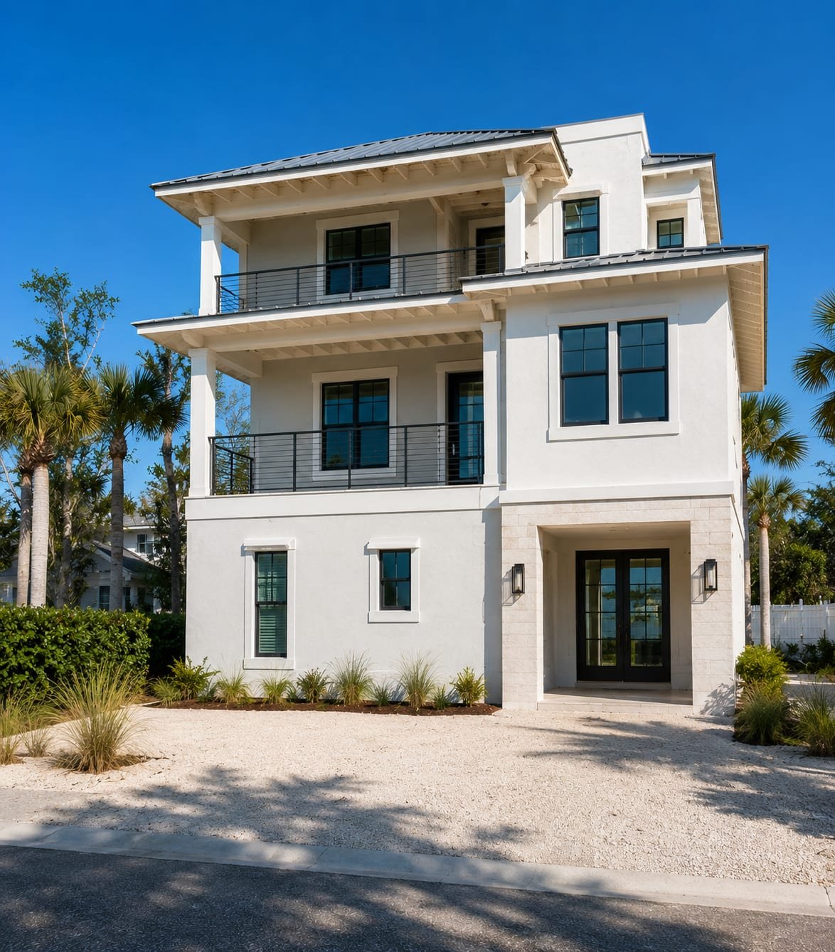 The same coastal home completed — white stucco exterior, standing-seam metal roof, impact windows, and balcony railings