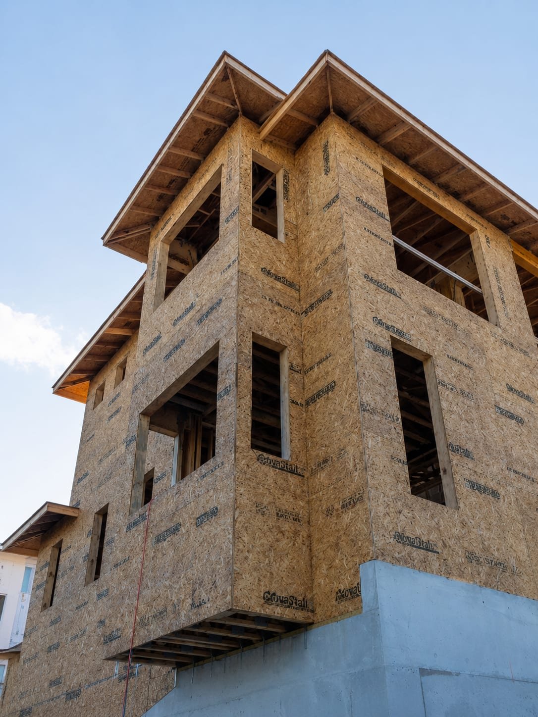 Three-storey building sheathed in OSB with taped housewrap by Acosta Builders — framed window openings and exposed rafter tails before the exterior goes on