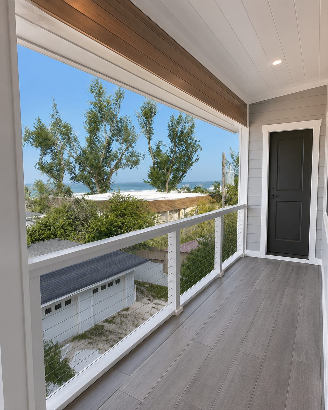 The same opening finished by Acosta Builders — porch with cable railing, tiled floor, wood-lined ceiling and the same Gulf view