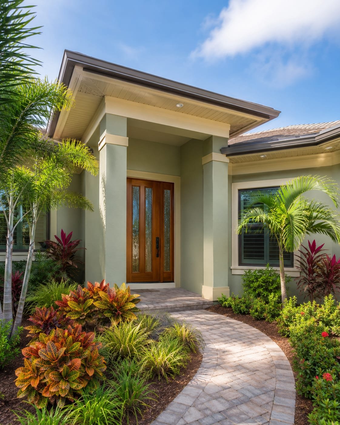 Entry door and soffit by Acosta Builders in Bradenton, FL — wood door with sidelites under a covered entry with ventilated beadboard soffit