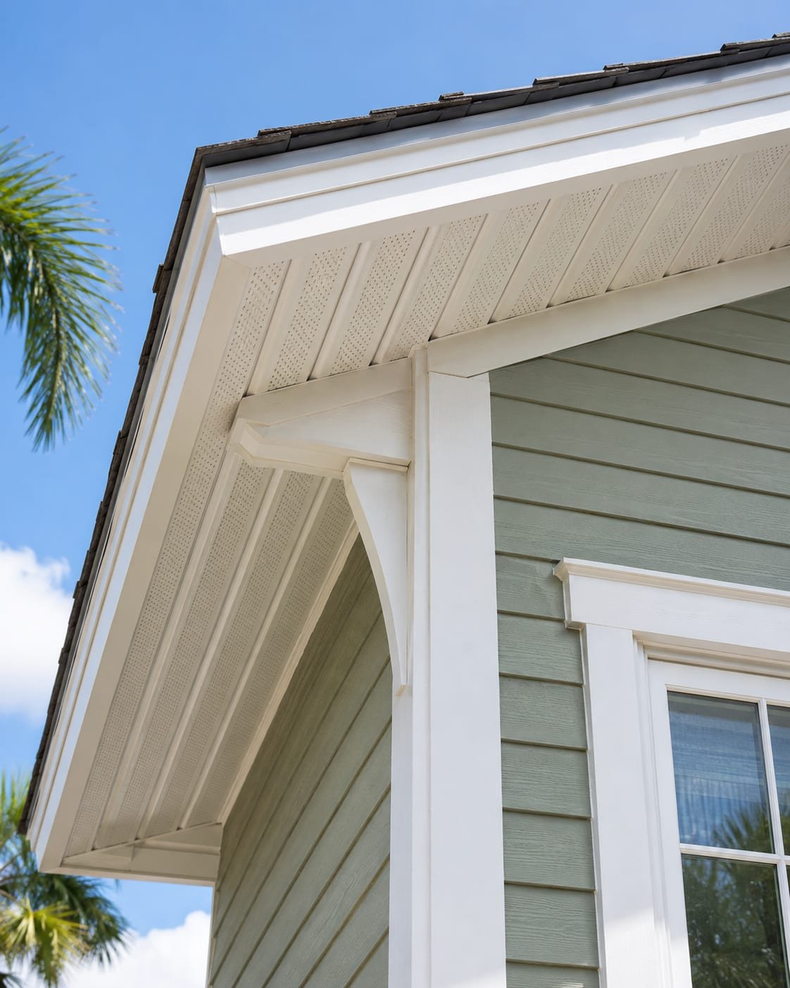 Eave assembly by Acosta Builders — vented soffit, fascia, and a shaped corbel where the overhang meets the wall