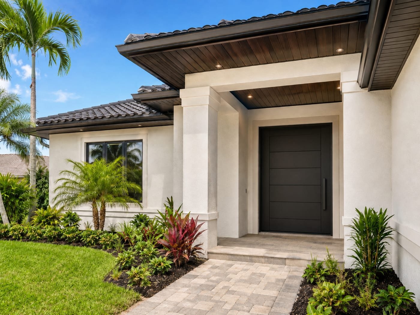 Entry door and soffit by Acosta Builders in Bradenton, FL — dark modern entry door under a covered porch with a wood-clad soffit and recessed lighting