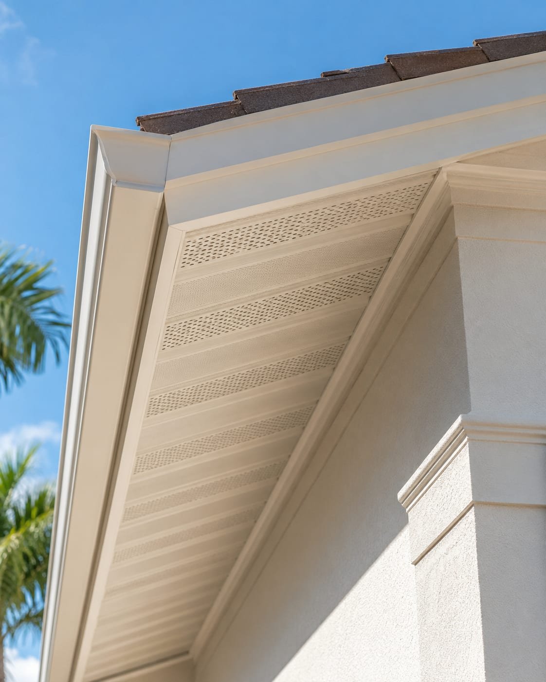 Ventilated soffit installed by Acosta Builders in Bradenton, FL — perforated vent strips along the eave providing attic intake, with fascia and gutter above