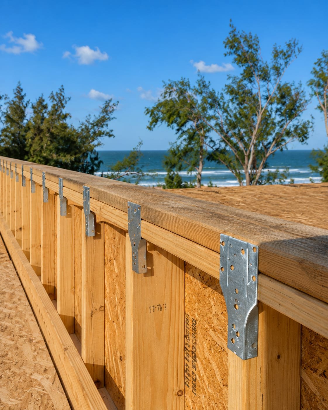 Hurricane strapping by Acosta Builders on a Gulf Coast build — galvanised hangers fixed along the top plate to carry uplift