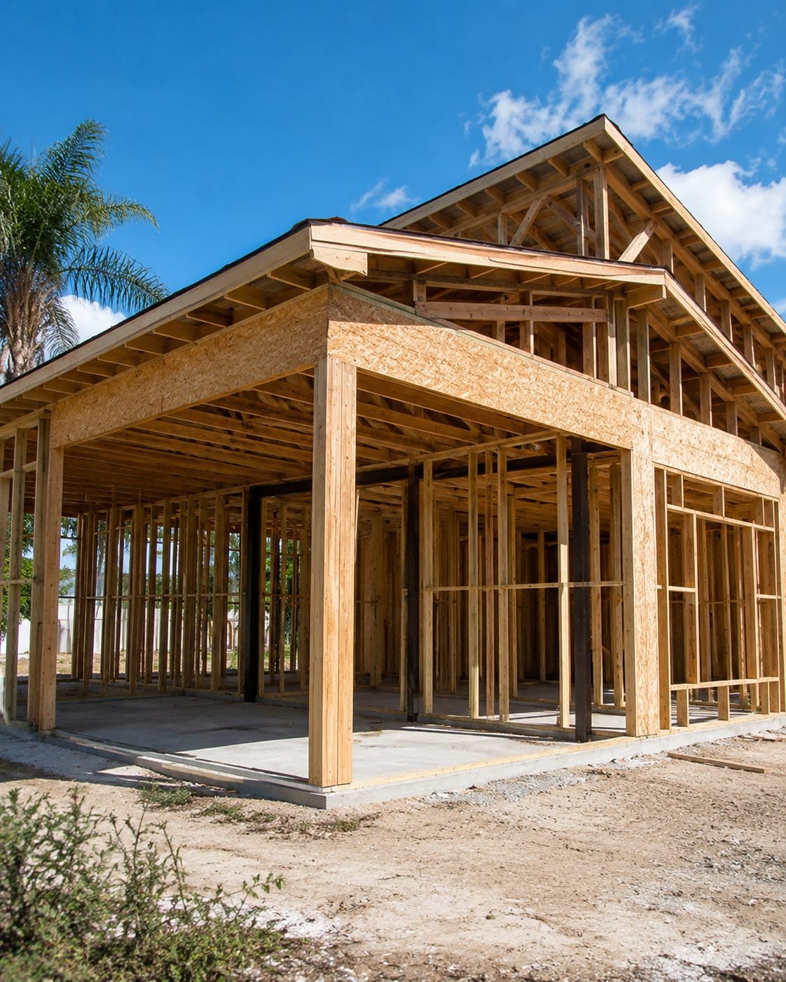 Structural framing by Acosta Builders in Bradenton, FL — walls, gable and roof structure framed on a monolithic slab