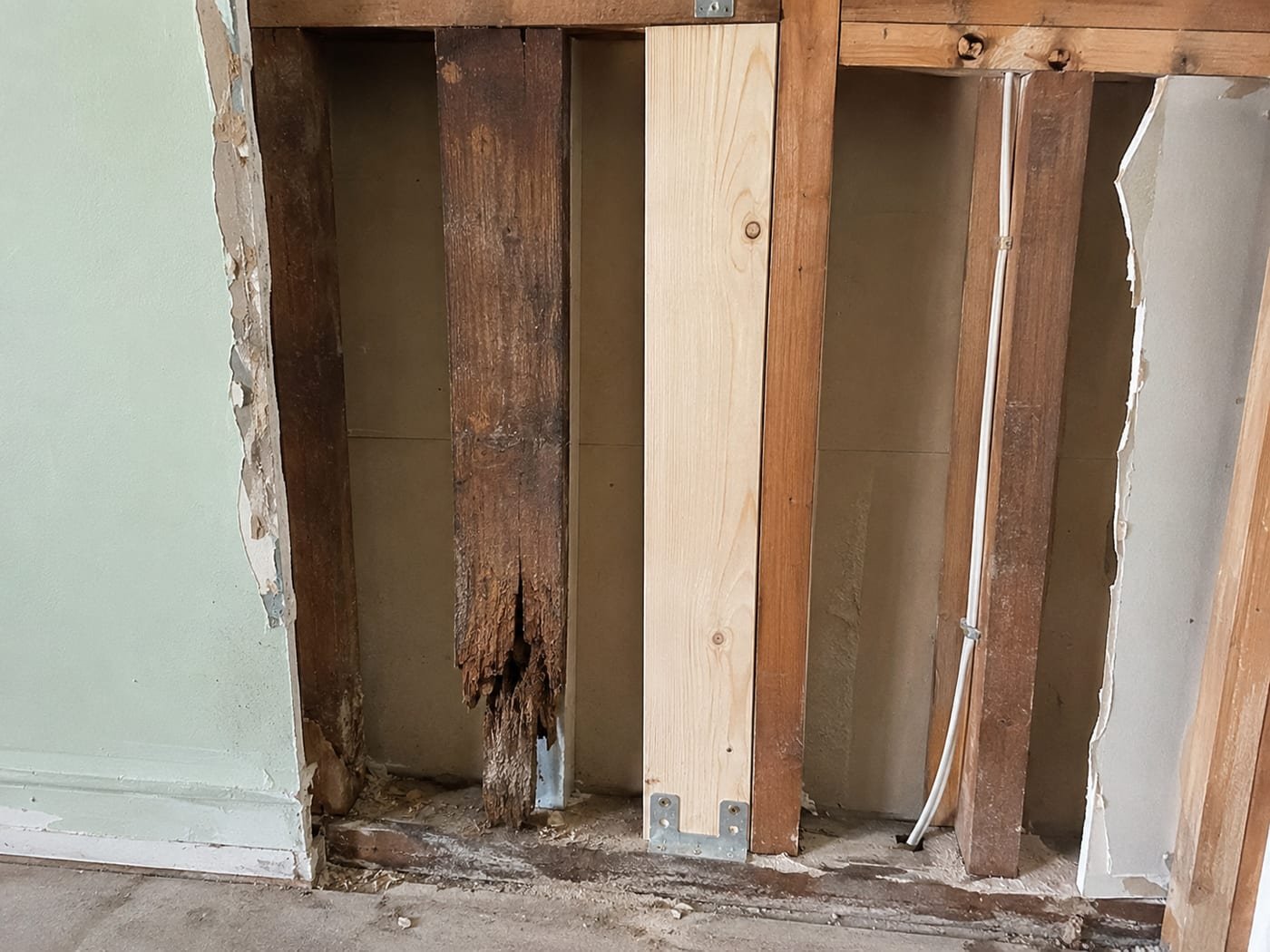 Framing repair by Acosta Builders in Bradenton, FL — wall opened to expose a rotted stud cut back to sound material, with a new stud set alongside it on a metal base connector