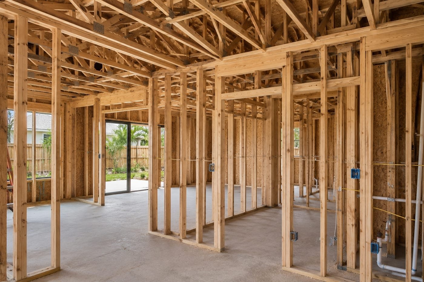 Roof framing by Acosta Builders in Bradenton, FL — trusses set and braced over a framed structure
