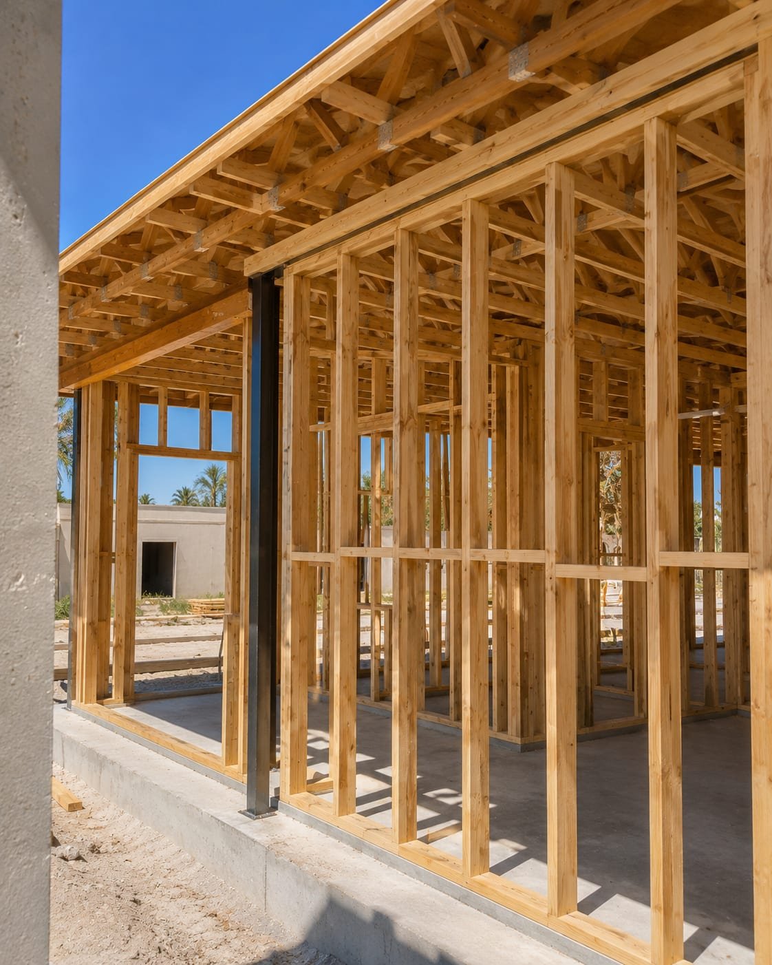 Wall framing by Acosta Builders — studs and top plates set plumb, a steel column carrying the opening, and rough openings squared