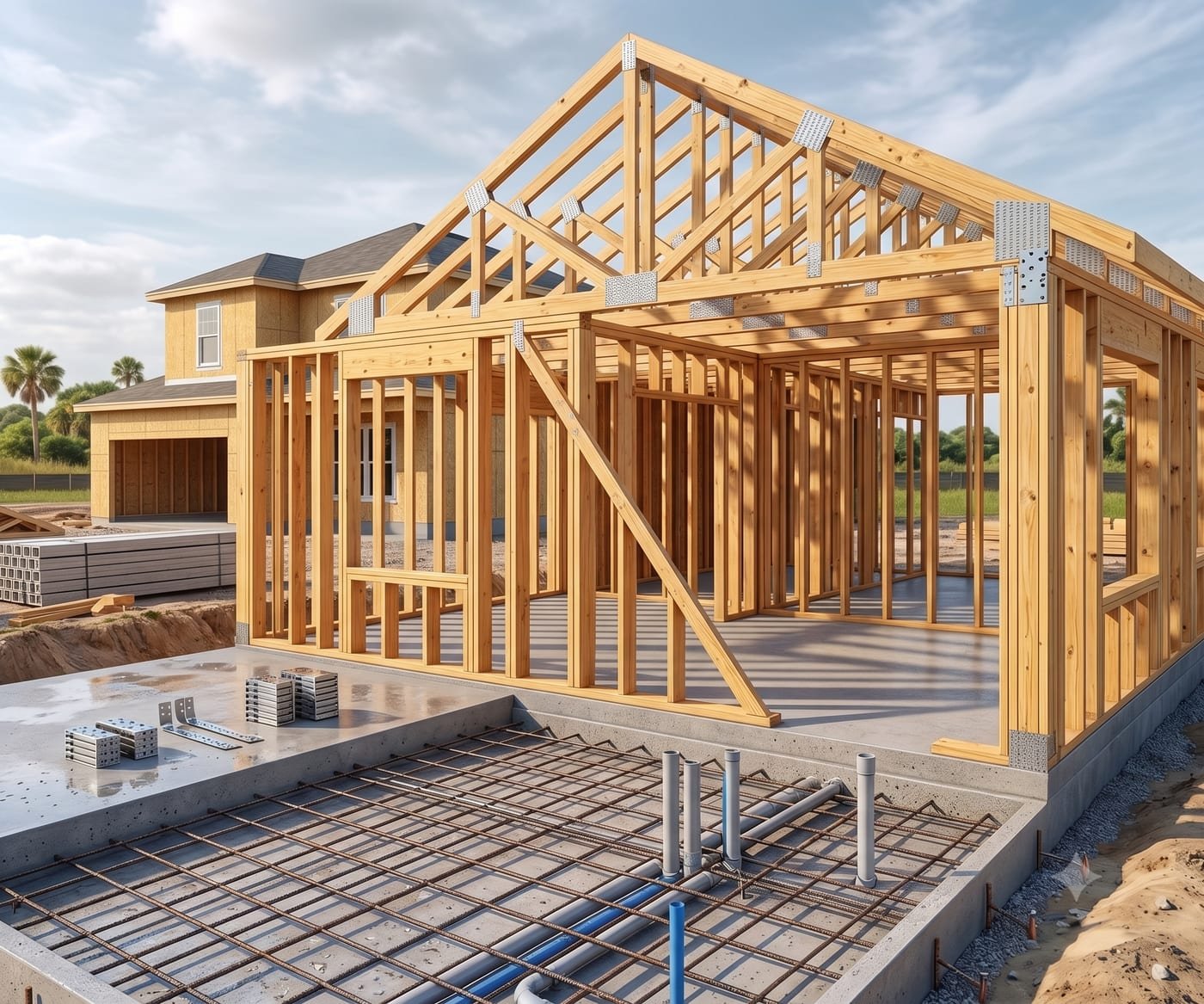 Wall framing and roof trusses set by Acosta Builders in Bradenton, FL — bearing walls, permanent bracing, and hurricane strapping