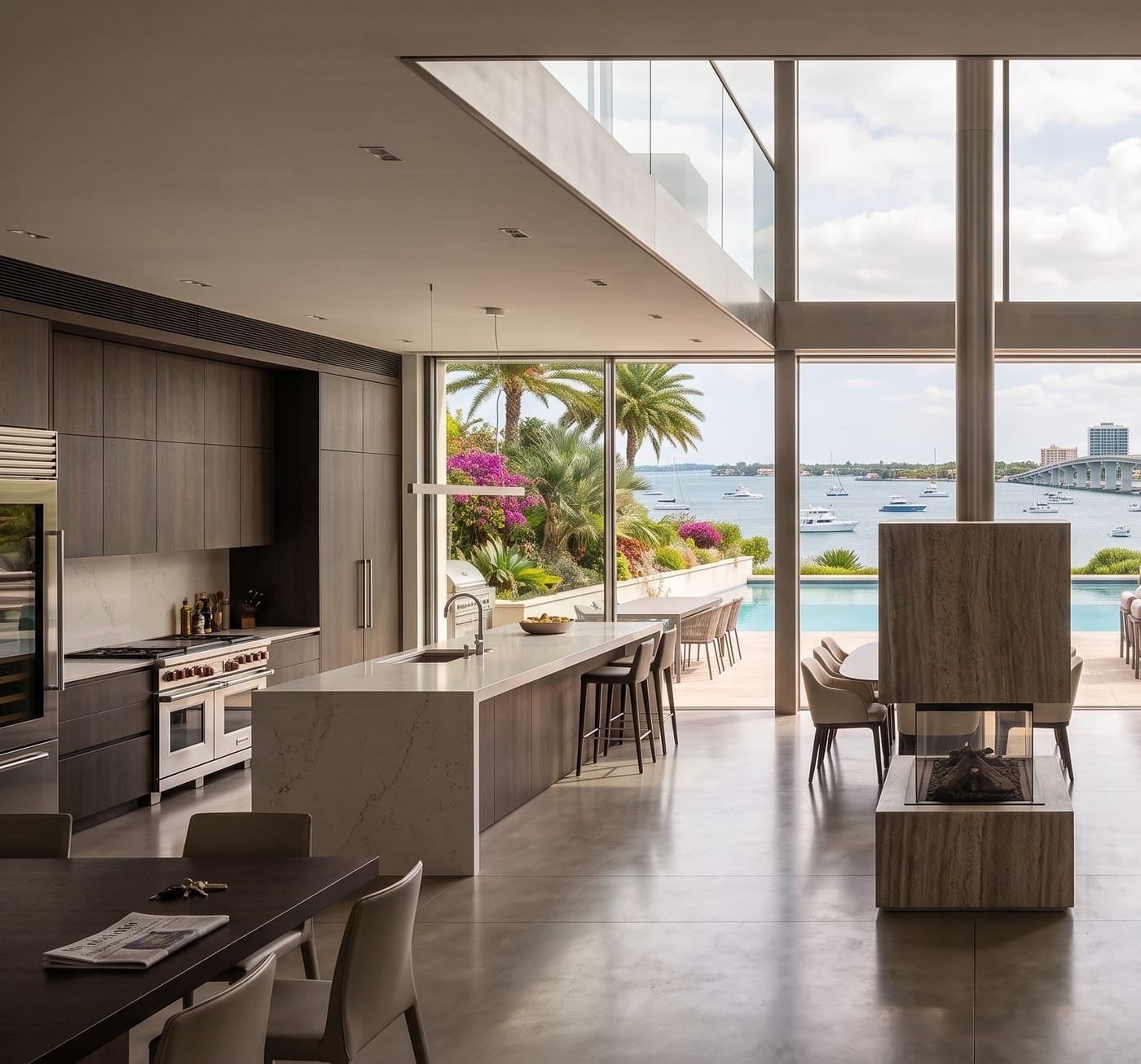 Finished kitchen interior by Acosta Builders — custom cabinetry, waterfall quartz island, and polished floors