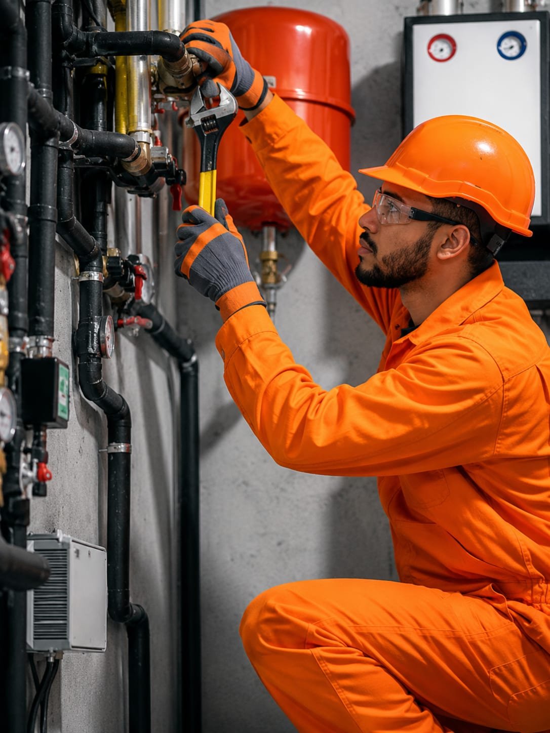 Mechanical rough-in on an Acosta Builders build — technician fitting valves, shutoffs, and pressure gauges on the supply manifold