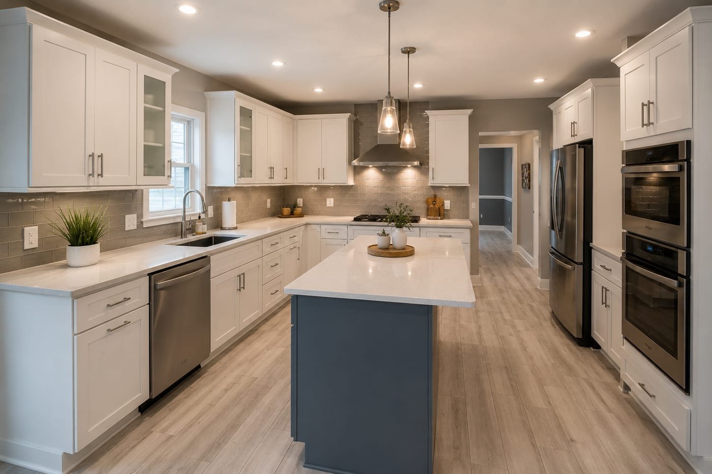 Kitchen remodel by Acosta Builders in Bradenton, FL — white shaker cabinetry, navy island, quartz counters, and wall ovens