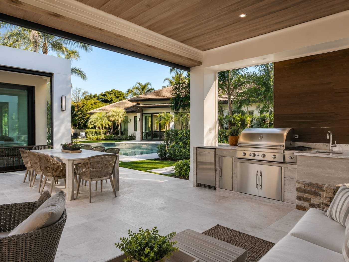 Covered lanai and outdoor kitchen by Acosta Builders — wood-clad ceiling, built-in grill and sink, and pool-side dining