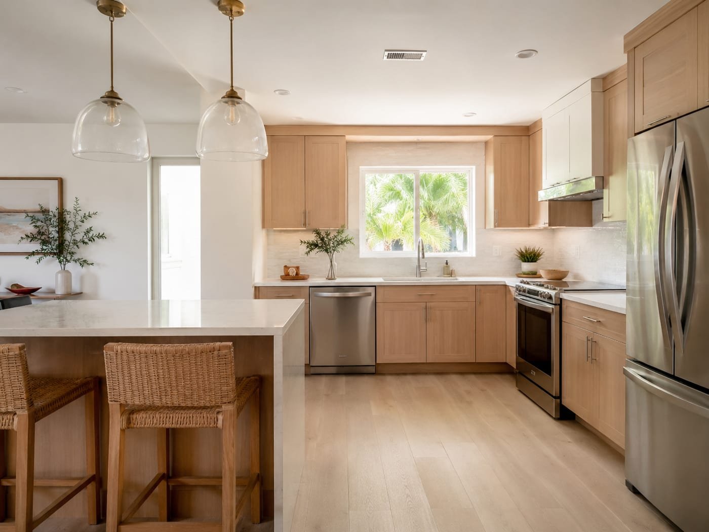 Remodelled coastal kitchen by Acosta Builders in Bradenton, FL — light oak cabinetry, quartz island, and wide-plank flooring
