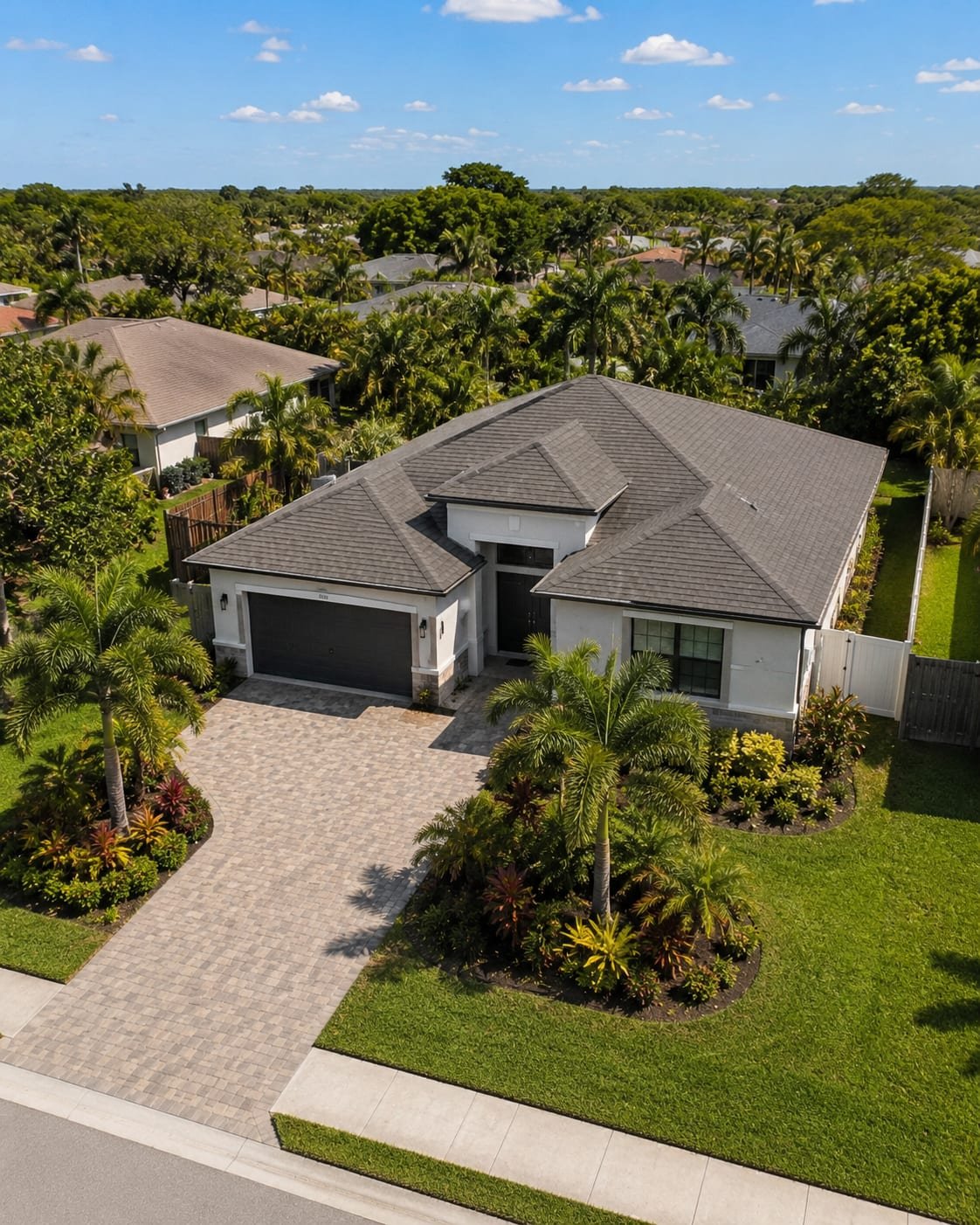 Completed home by Acosta Builders in Bradenton, FL — hip shingle roof, impact-rated windows, and a sealed building envelope seen from above