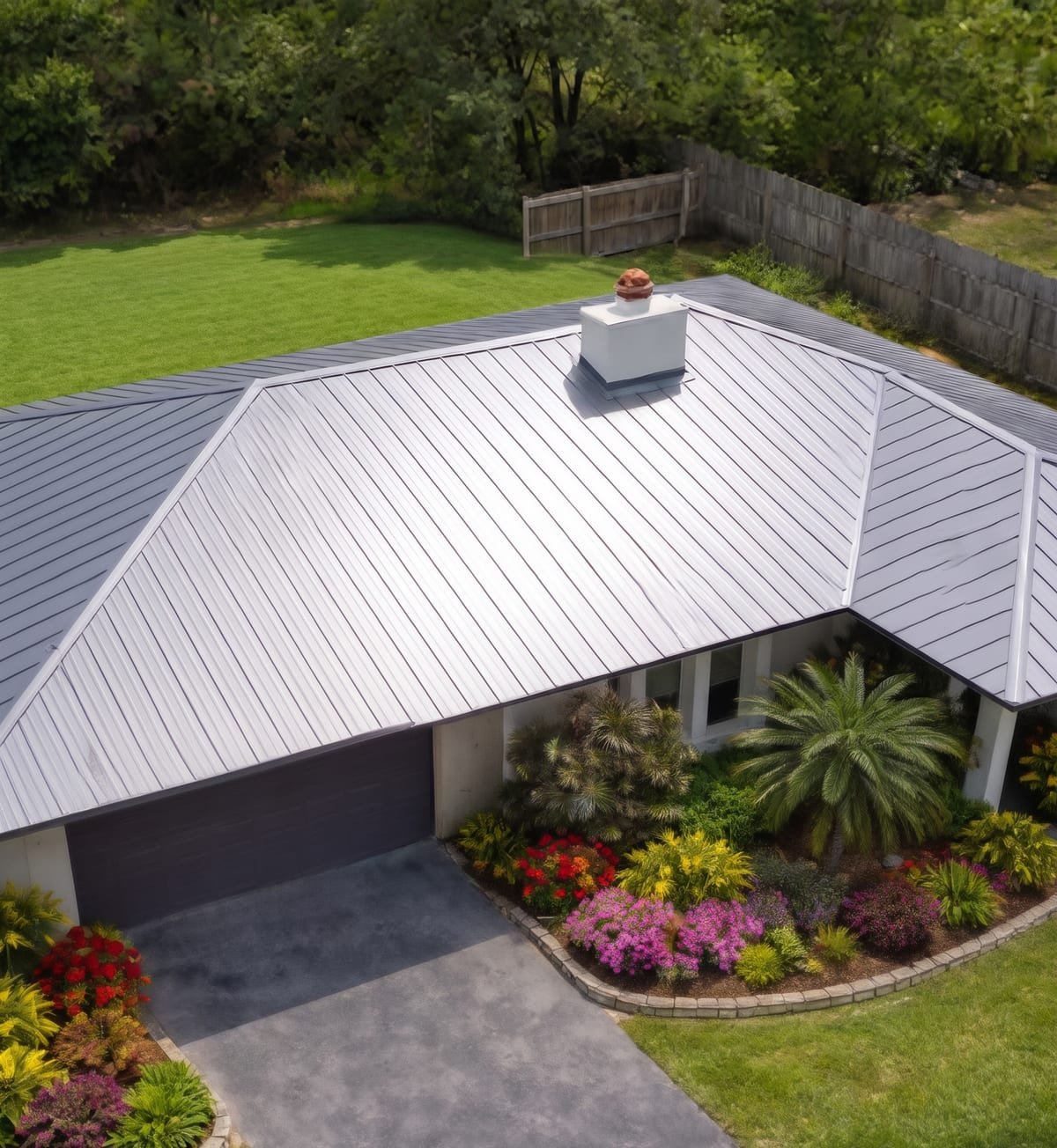 Standing-seam metal roof installed by Acosta Builders in Bradenton, FL — hip roof with continuous panels and sealed flashing details