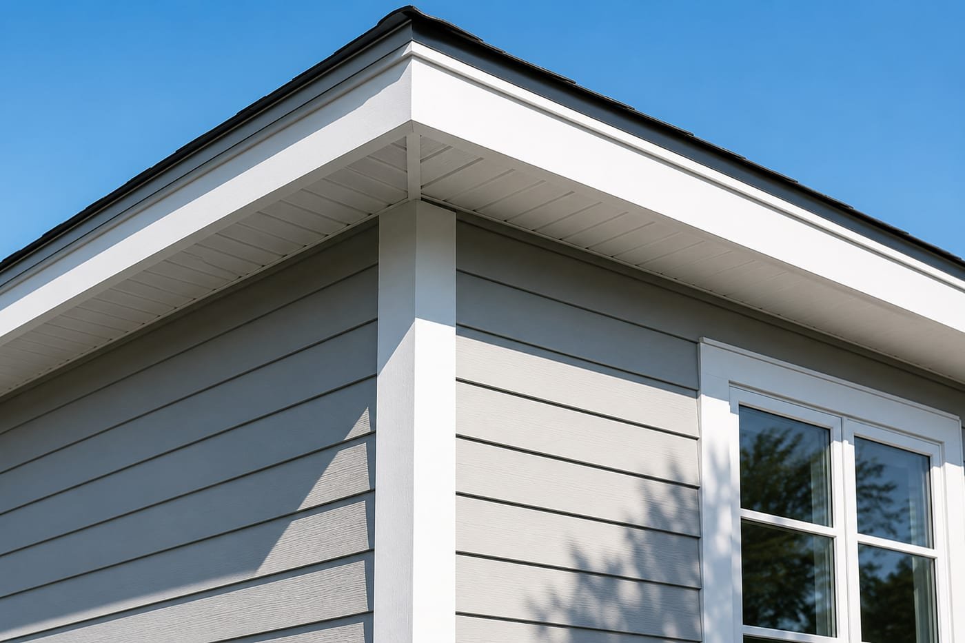 Lap siding installed by Acosta Builders — even course exposure, a mitred corner board, and fascia and soffit closing the roof edge