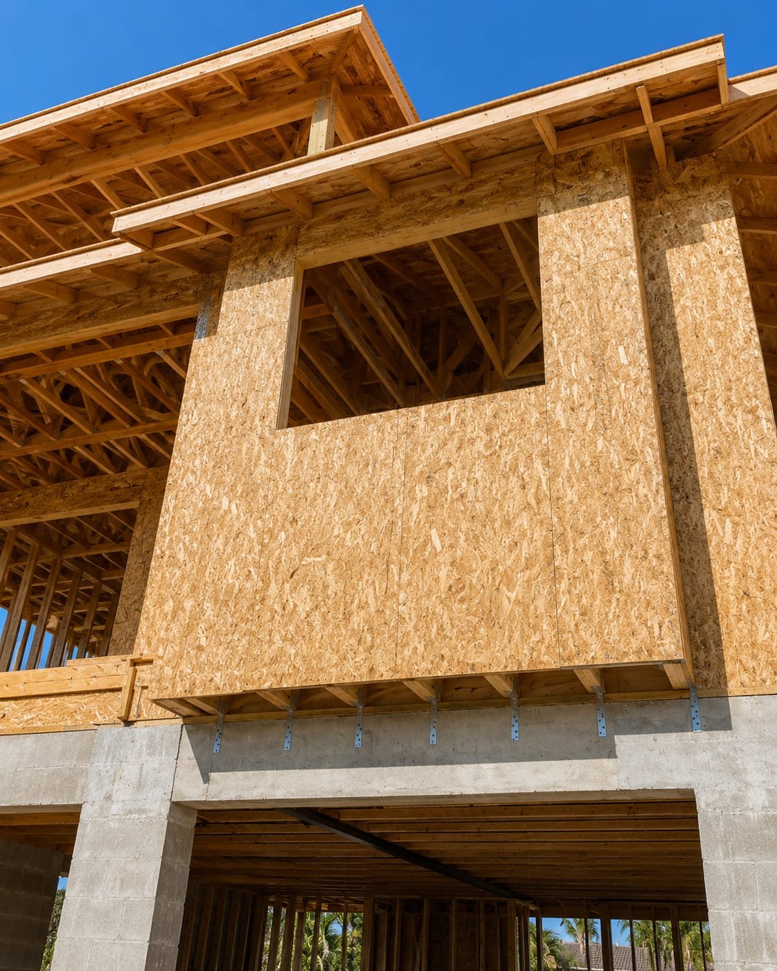 Window rough opening framed by Acosta Builders — a headed opening cut into sheathed wall framing with roof trusses and joist hangers visible